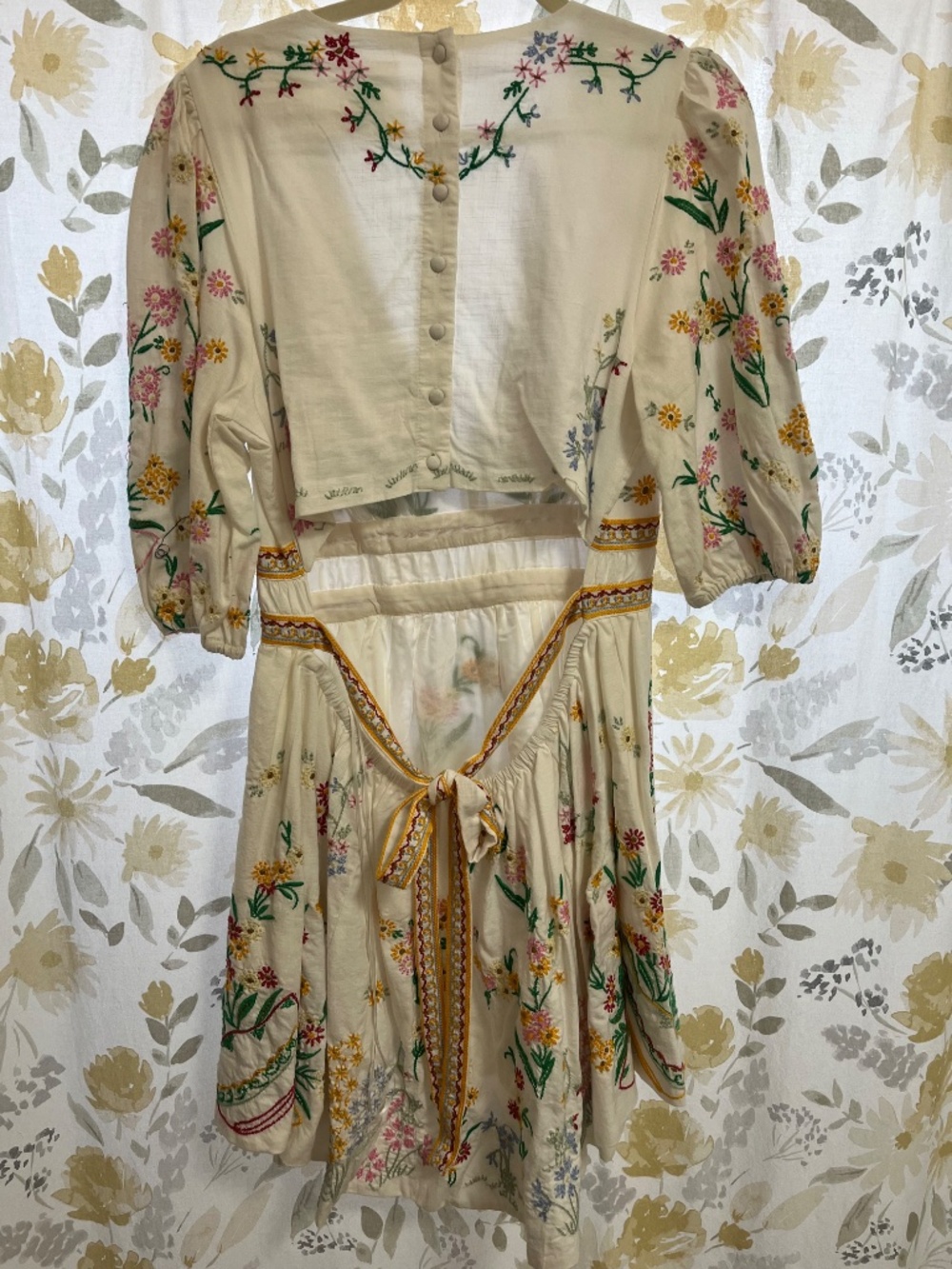 Anthropologie Deep V Floral Mini Dress Large White OB1465371 Prairie Cottagecore - Picture 3 of 3